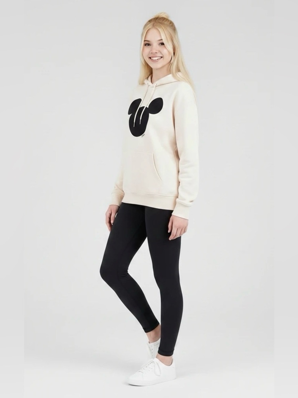 H&M x Disney Mickey Mouse Hoodie Cream Off-White Graphic Sweatshirt Size S Small